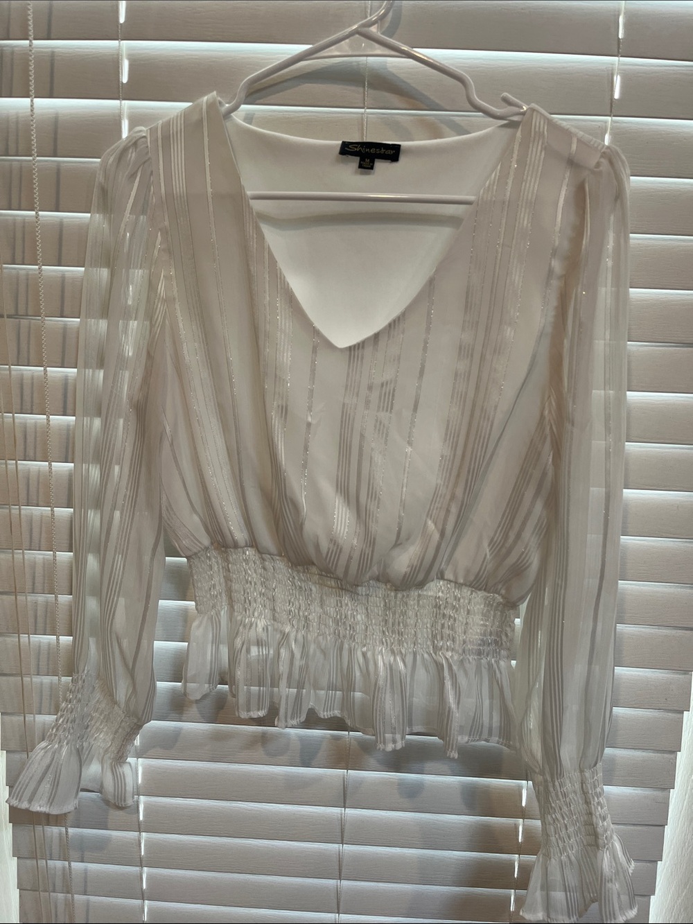 Shinestar White Sheer V-Neck Metallic Stripe Smocked Waist Blouse